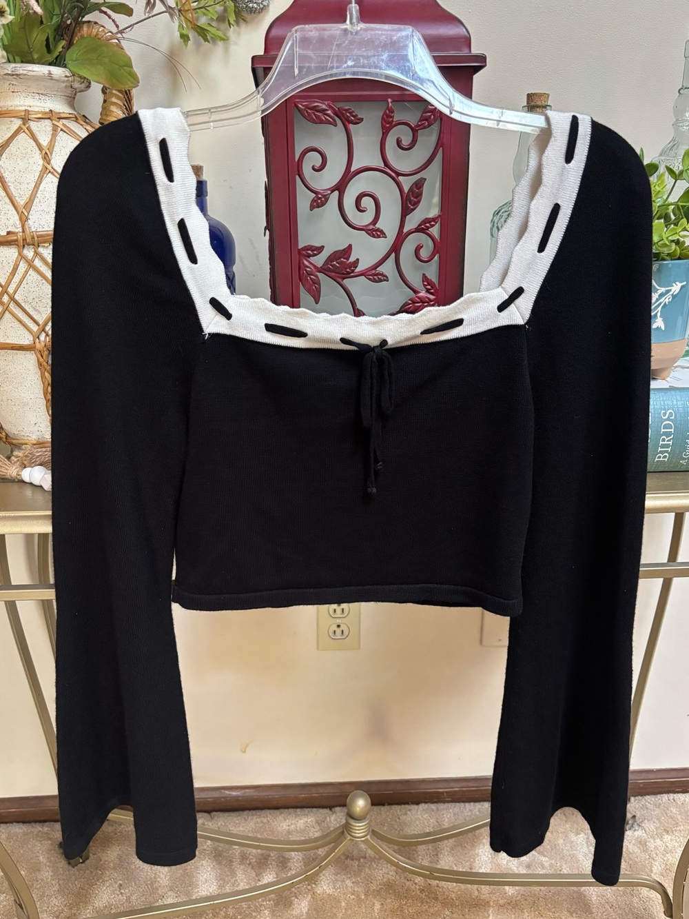 Black Cropped Square-Neck Sweater with White Scalloped Trim - Flare Bell Sleeves
